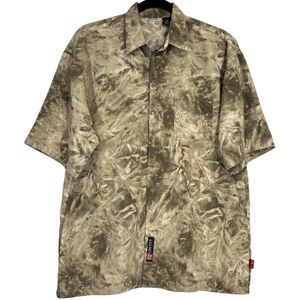 FB County 64 Shirt Mens Green Marble Dark Olive Button Short Sleeve Size 2XL